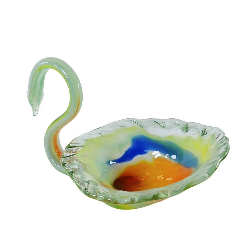 Art Glass Swan Hand Blown Bowl Floral Candy Dish Centerpiece Artisan Made - Picture 4 of 9